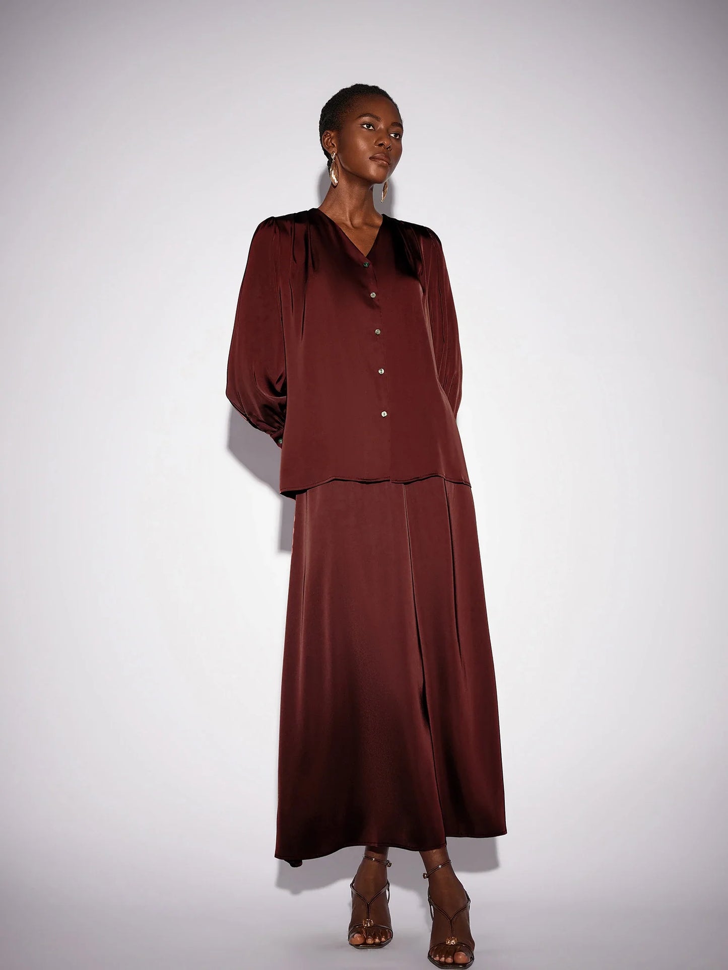 Dark Red V-Neck Long Sleeve Two-Piece Set