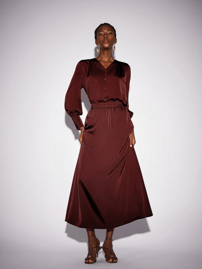 Dark Red V-Neck Long Sleeve Two-Piece Set