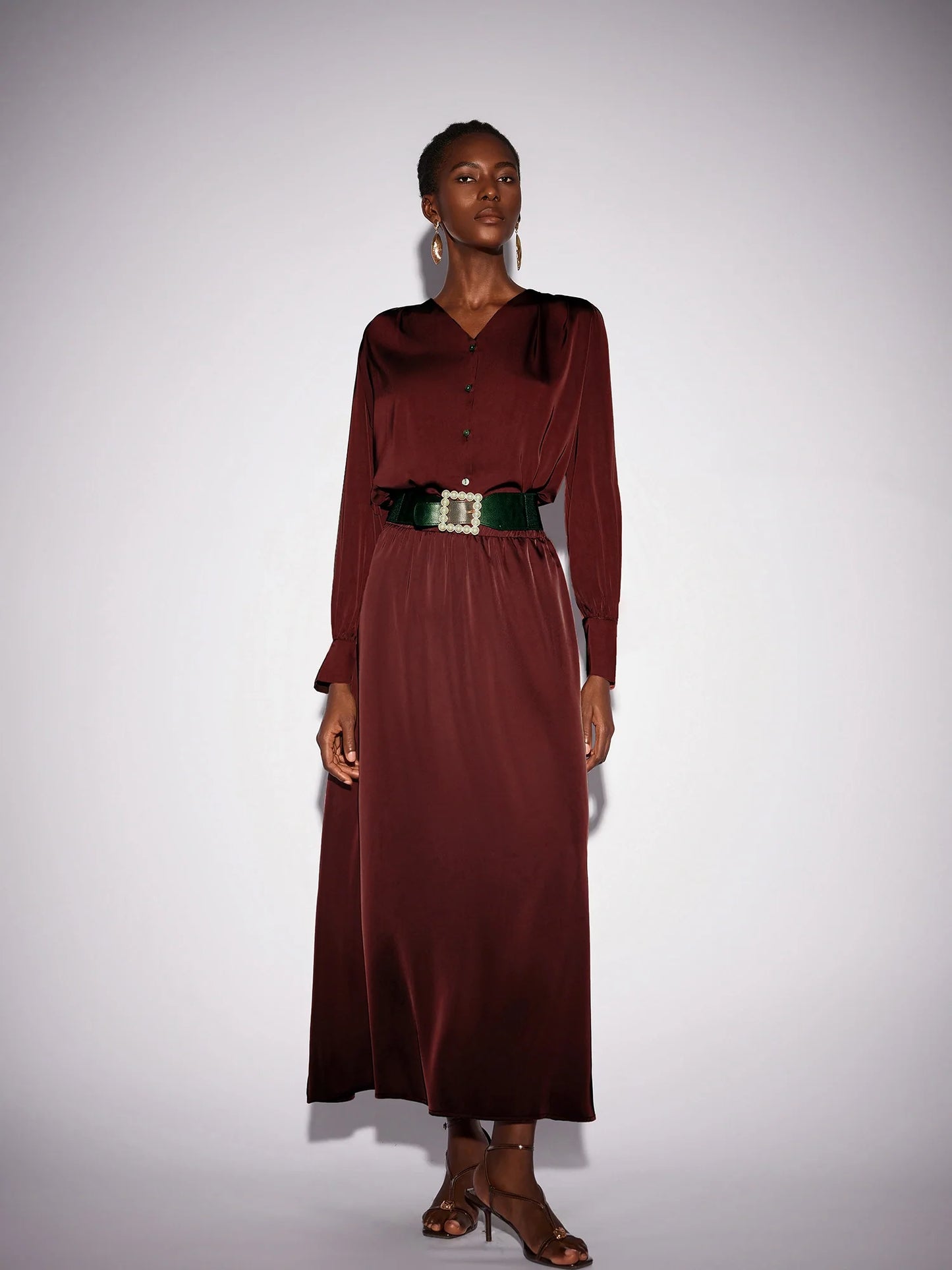 Dark Red V-Neck Long Sleeve Two-Piece Set