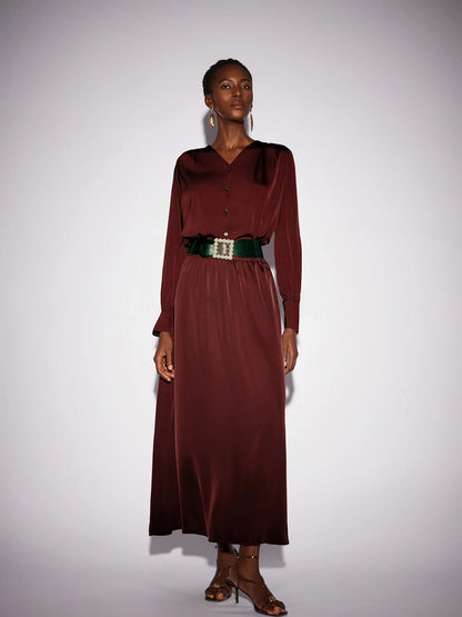 Dark Red V-Neck Long Sleeve Two-Piece Set