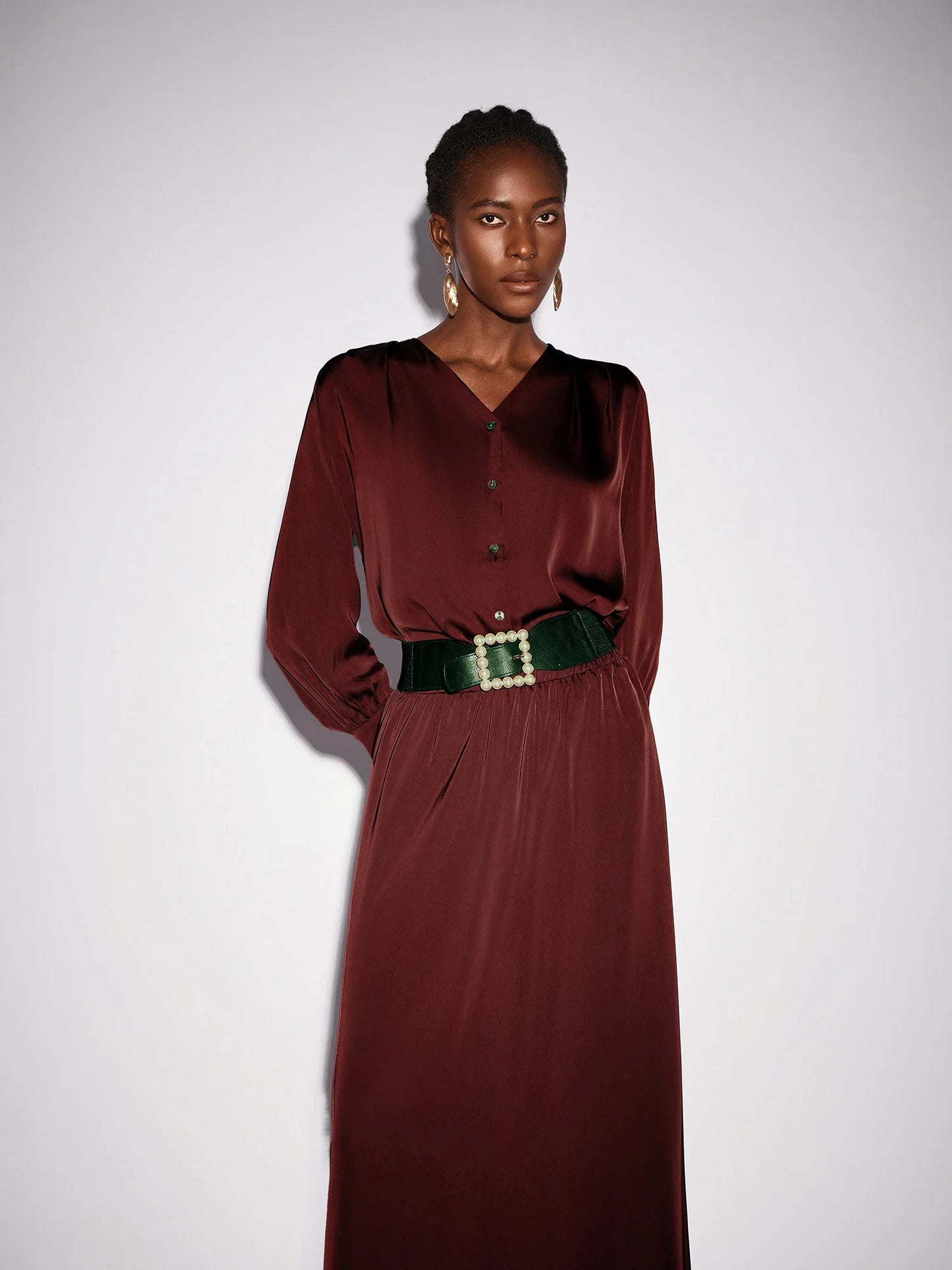 Dark Red V-Neck Long Sleeve Two-Piece Set