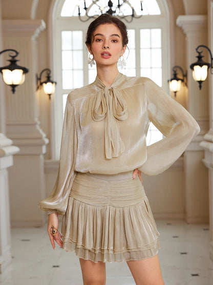 Detachable Bow Popover Blouse and Shirred Caffeine Skirt Set