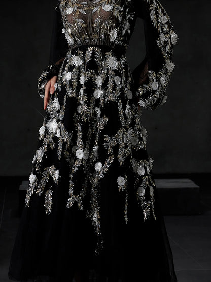Dusky Floral-Overlaid Tulle Midi Dress