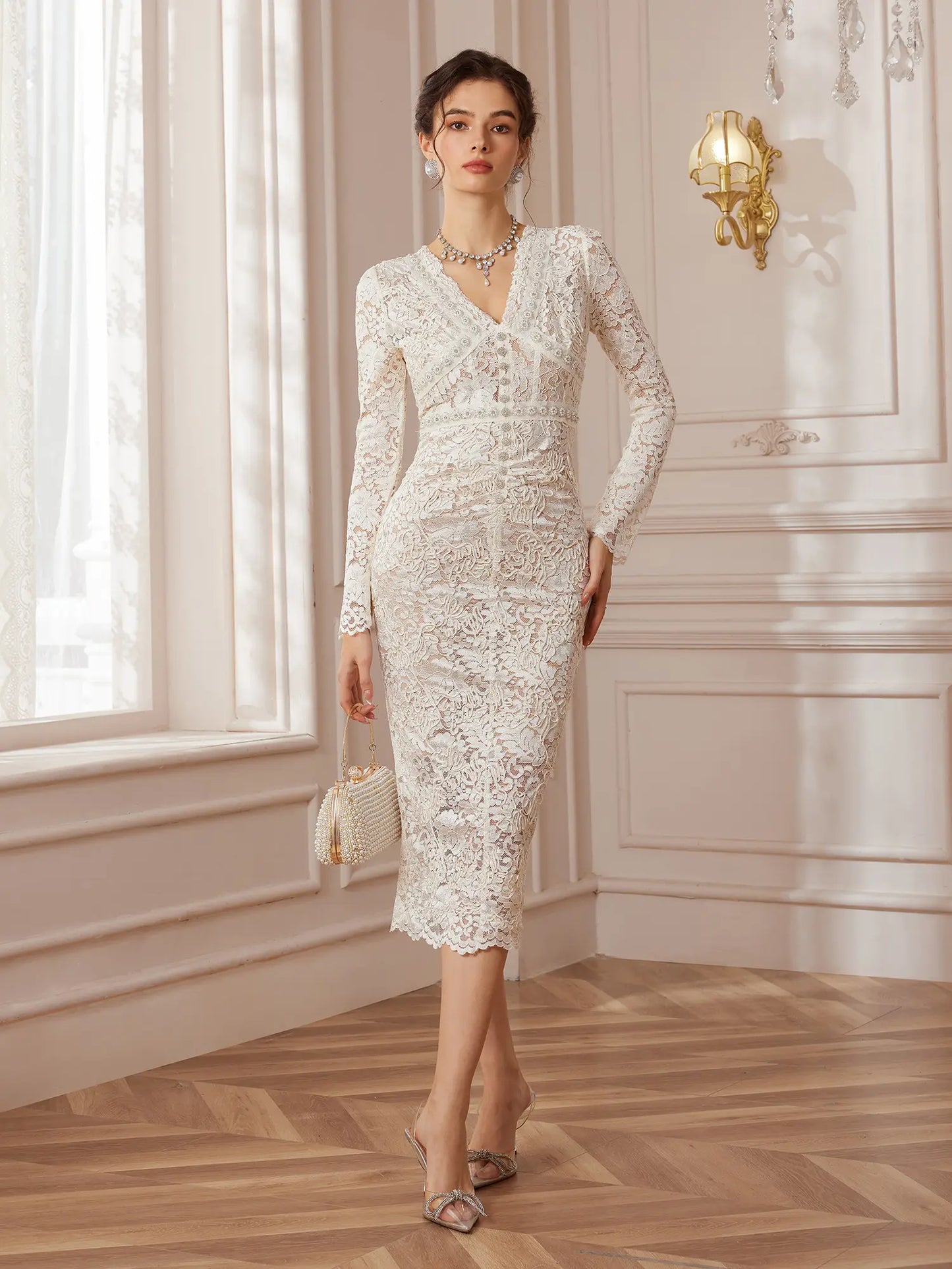 Embellished Lace Mermaid Midi Dress