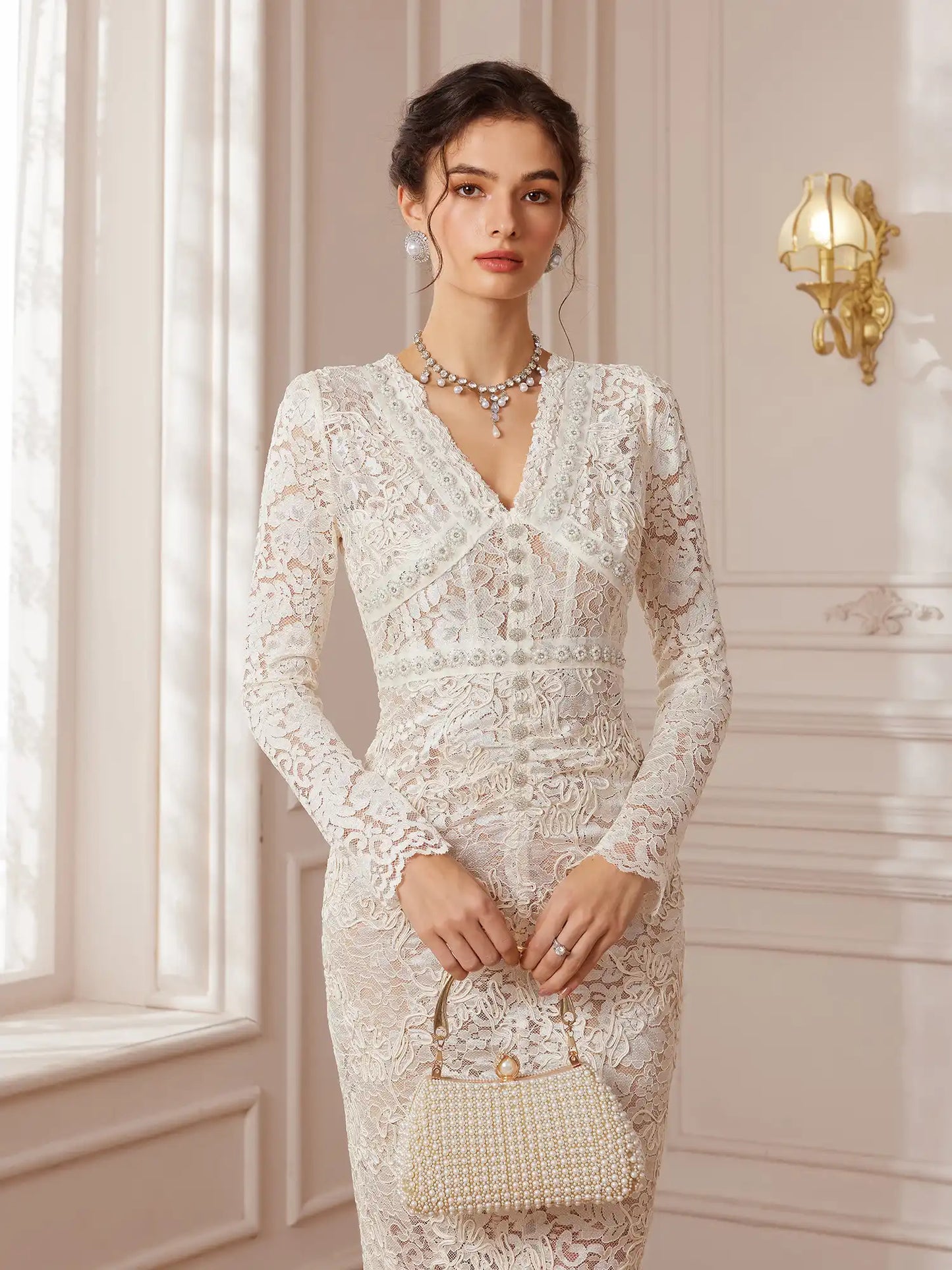 Embellished Lace Mermaid Midi Dress