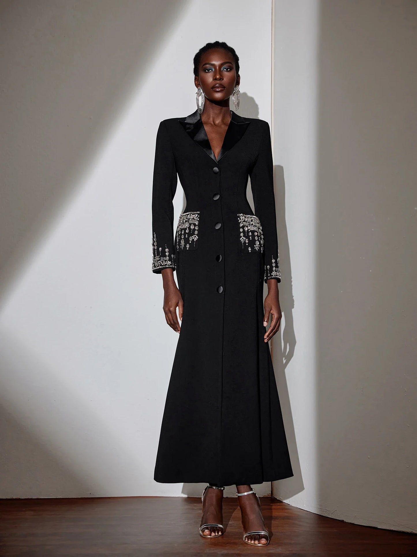 Black V-Neck Rhinestone Evening Dress