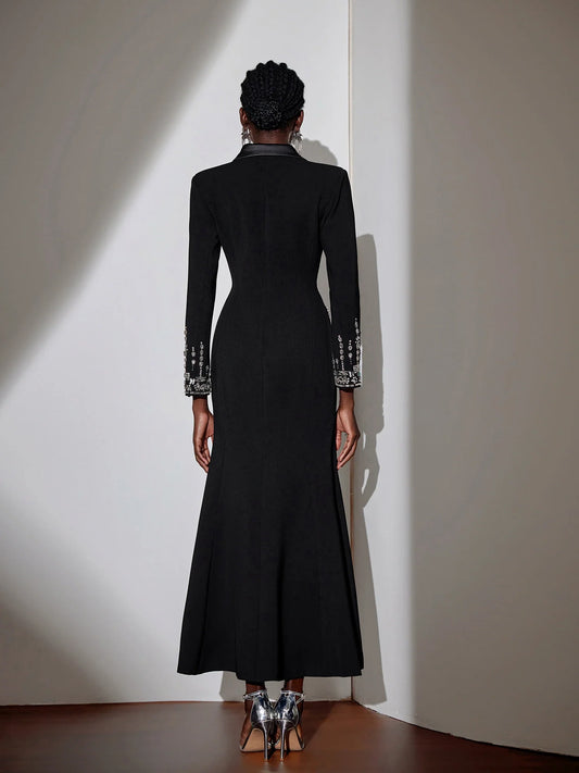 Black V-Neck Rhinestone Evening Dress