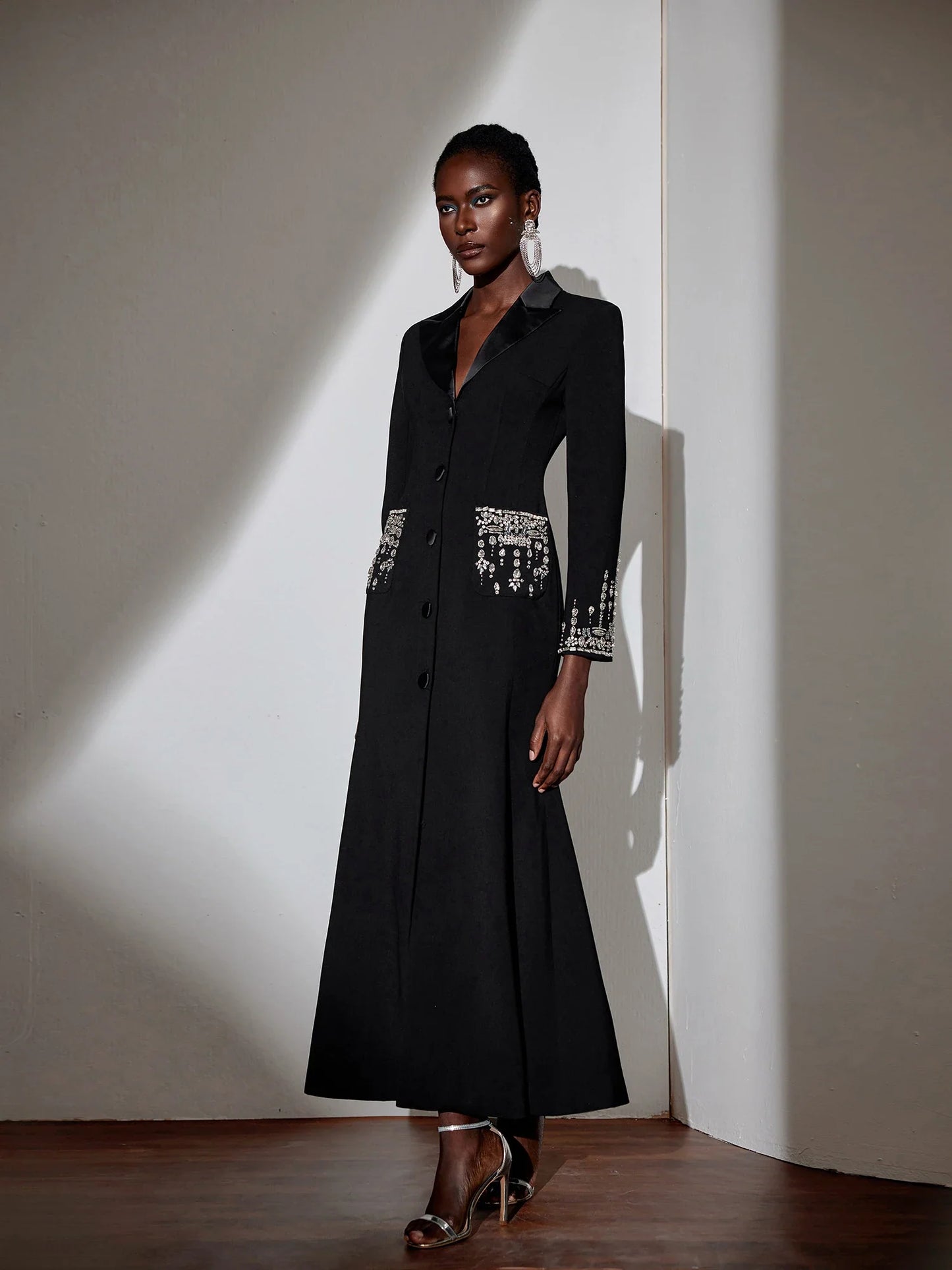 Black V-Neck Rhinestone Evening Dress