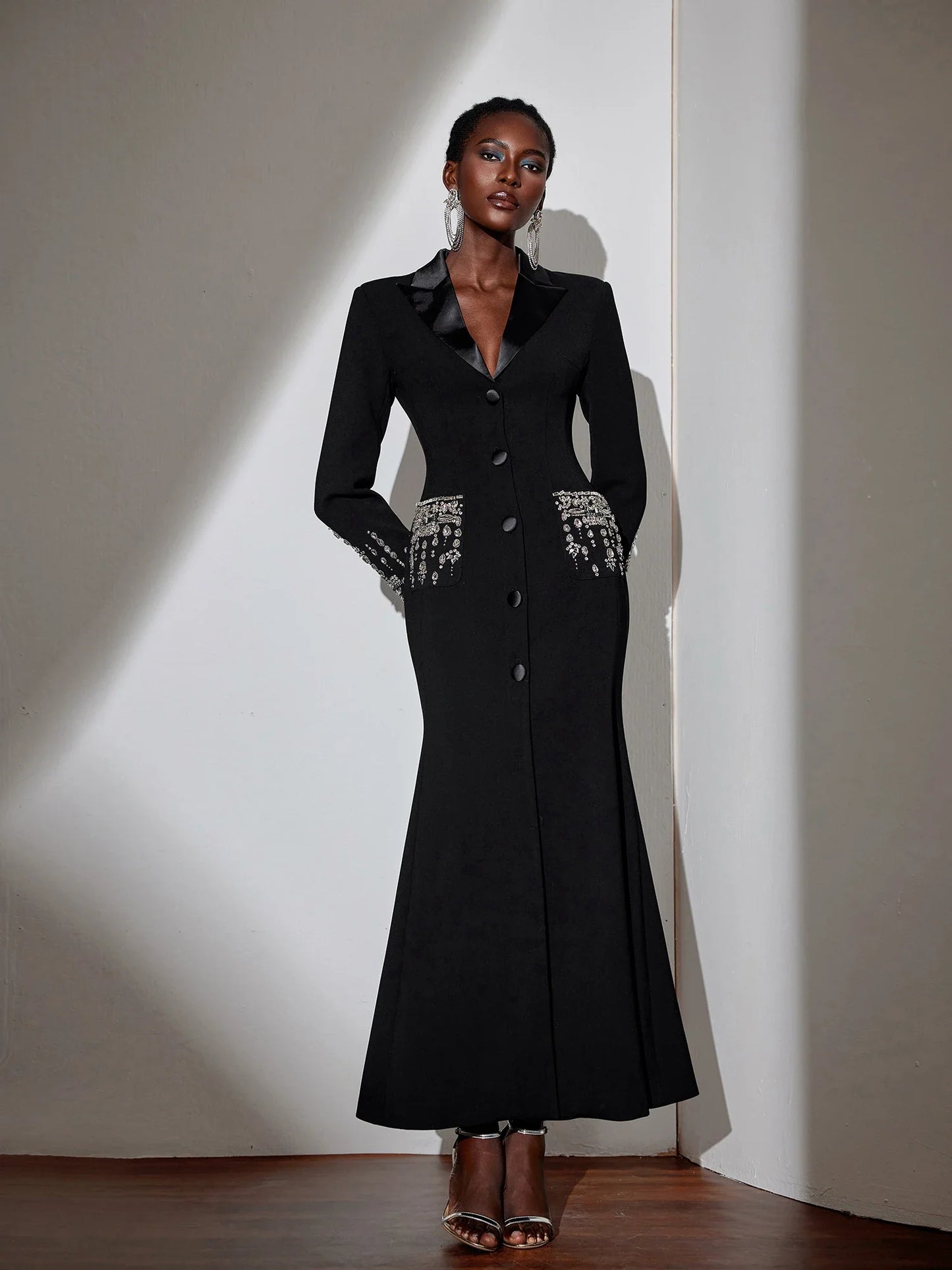 Black V-Neck Rhinestone Evening Dress