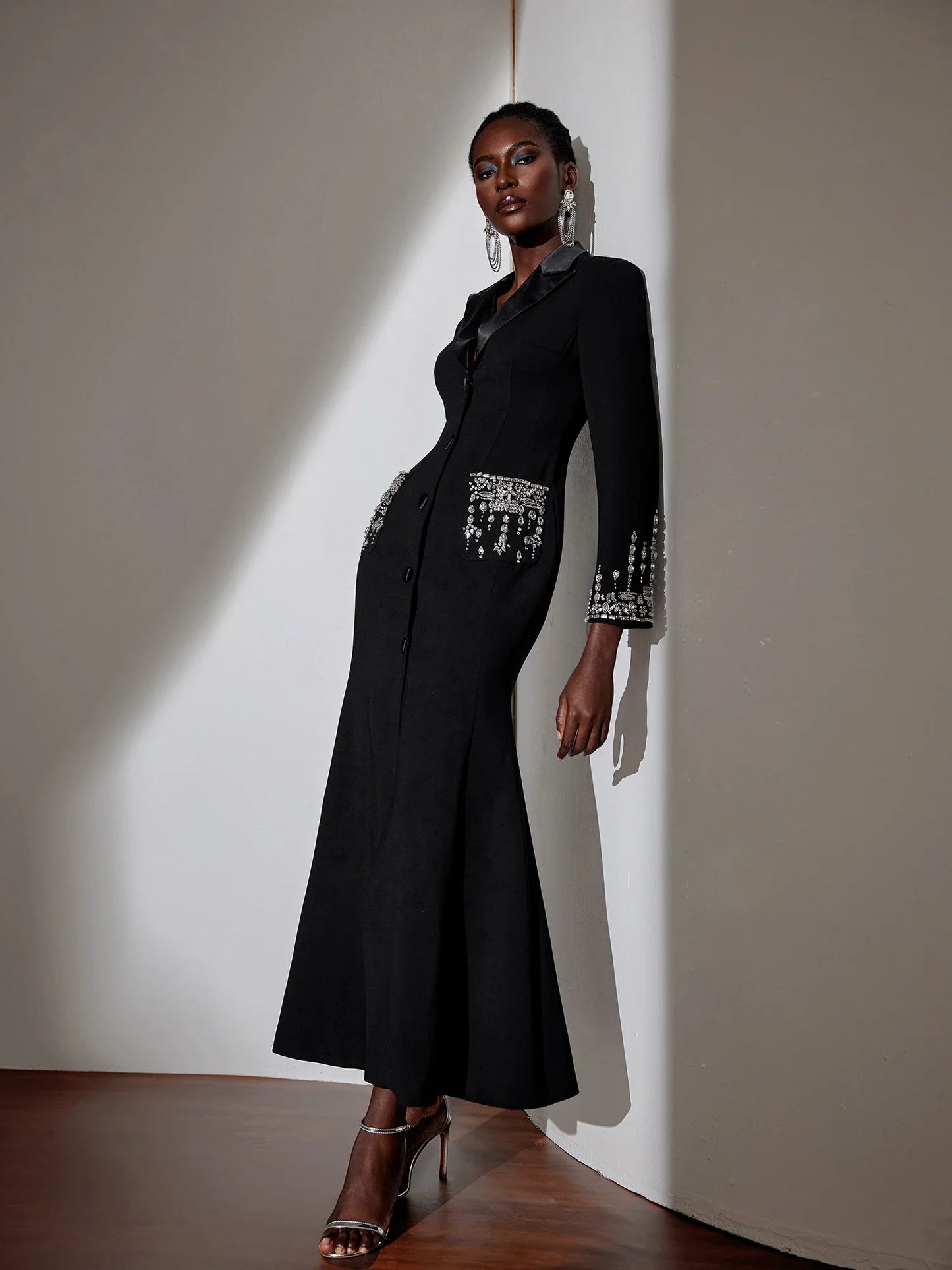 Black V-Neck Rhinestone Evening Dress