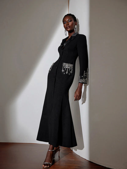 Black V-Neck Rhinestone Evening Dress