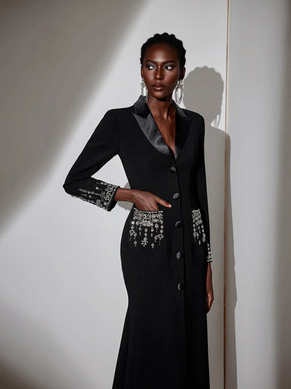 Black V-Neck Rhinestone Evening Dress