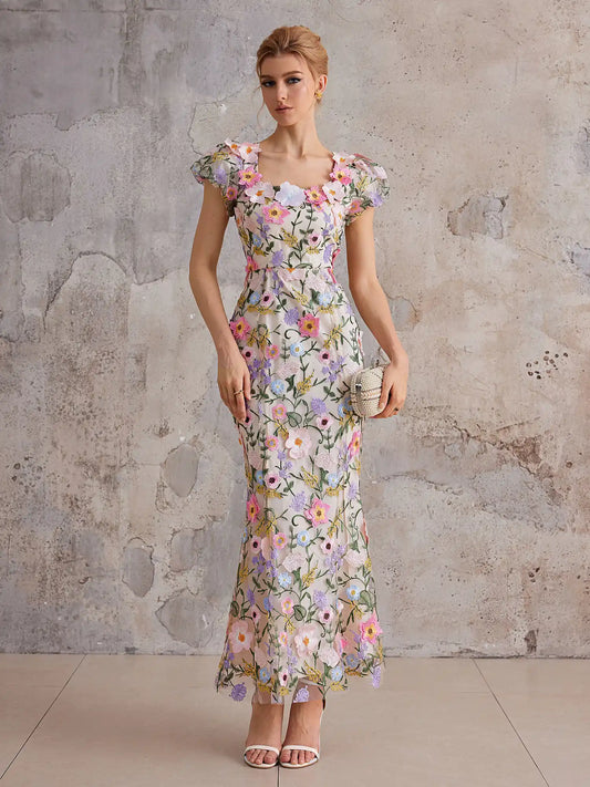 Mesh Maxi Dress with Colorful Floral Embroidery