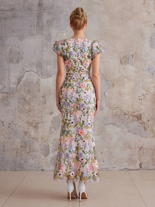 Mesh Maxi Dress with Colorful Floral Embroidery