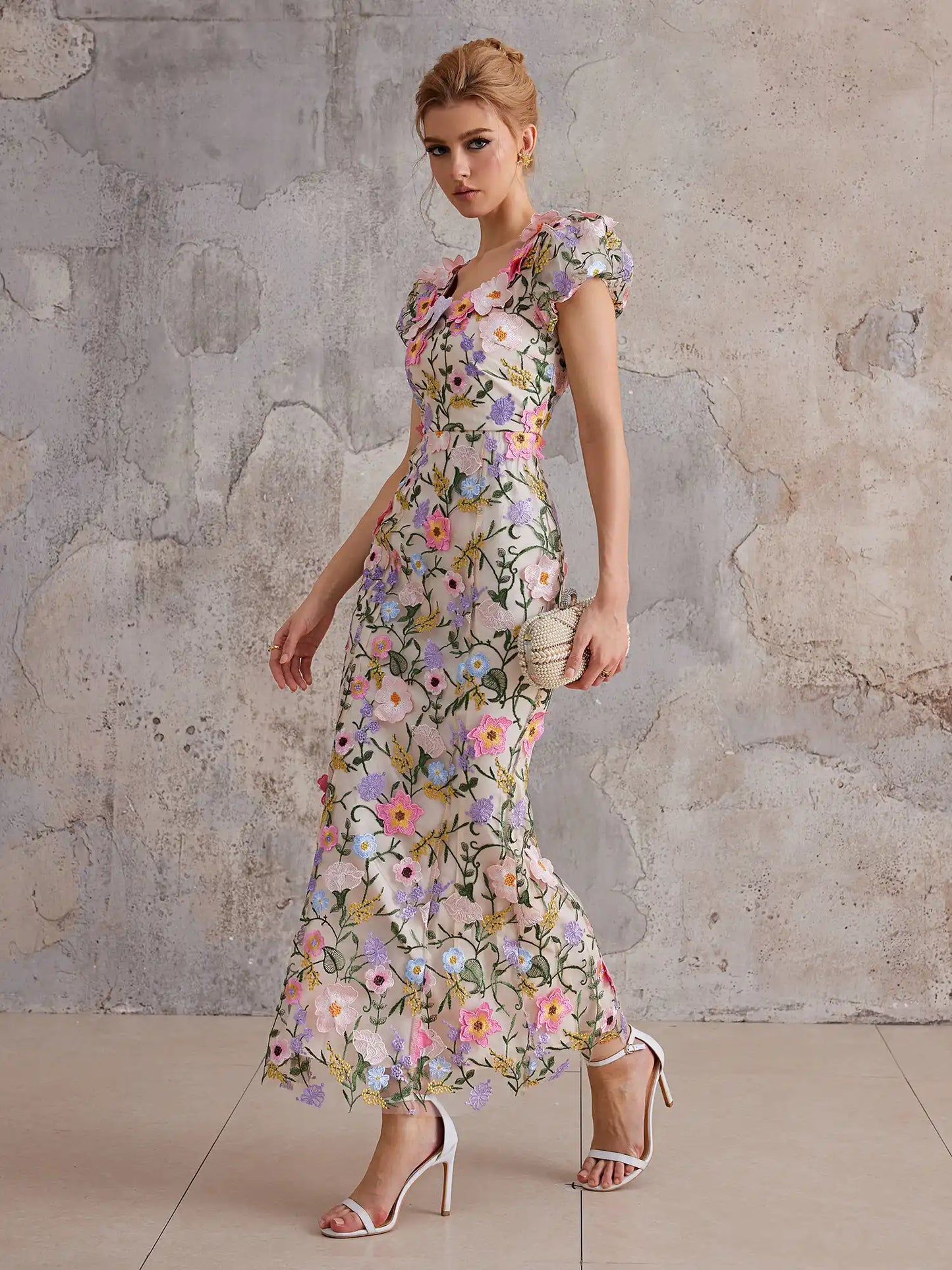 Mesh Maxi Dress with Colorful Floral Embroidery
