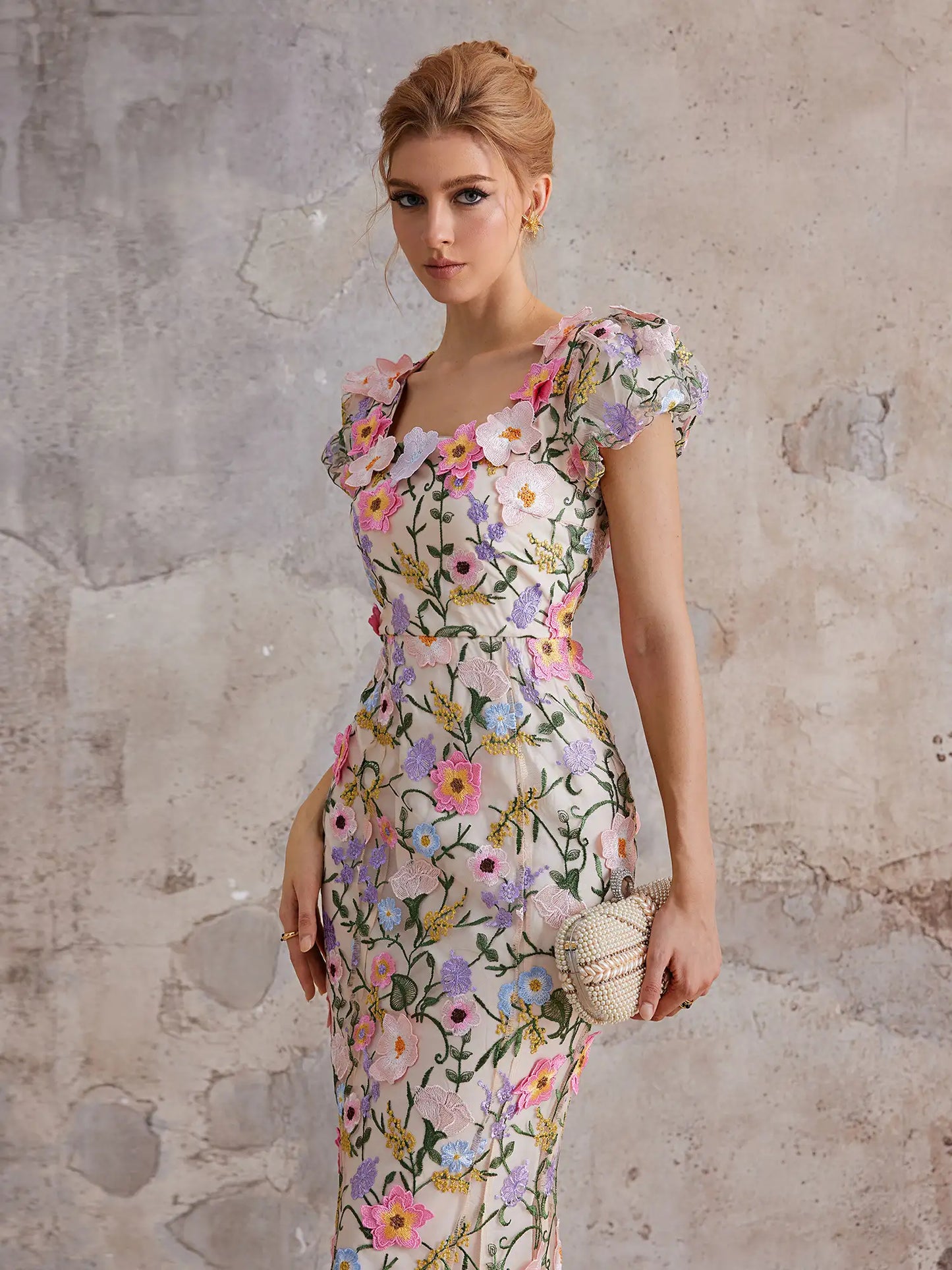 Mesh Maxi Dress with Colorful Floral Embroidery