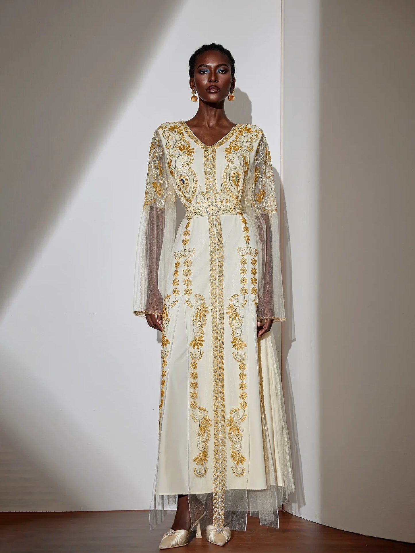 Embroidered Gold Beaded Mesh Maxi Dress