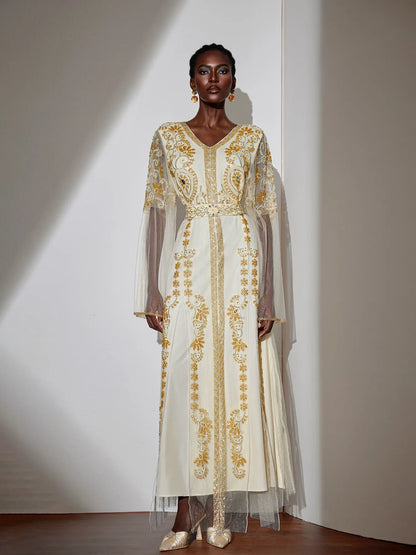 Embroidered Gold Beaded Mesh Maxi Dress