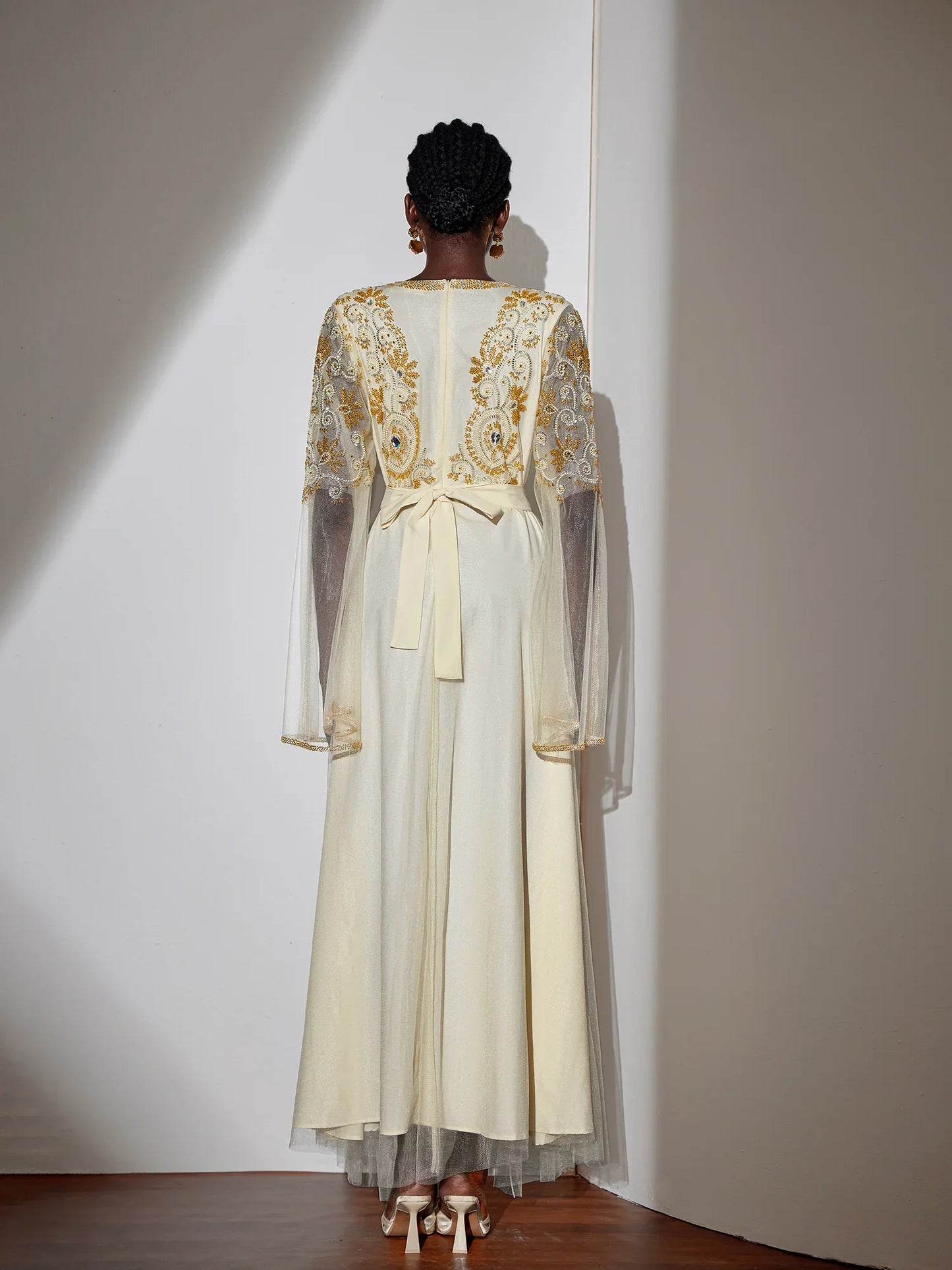 Embroidered Gold Beaded Mesh Maxi Dress
