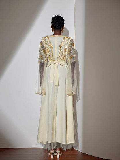 Embroidered Gold Beaded Mesh Maxi Dress