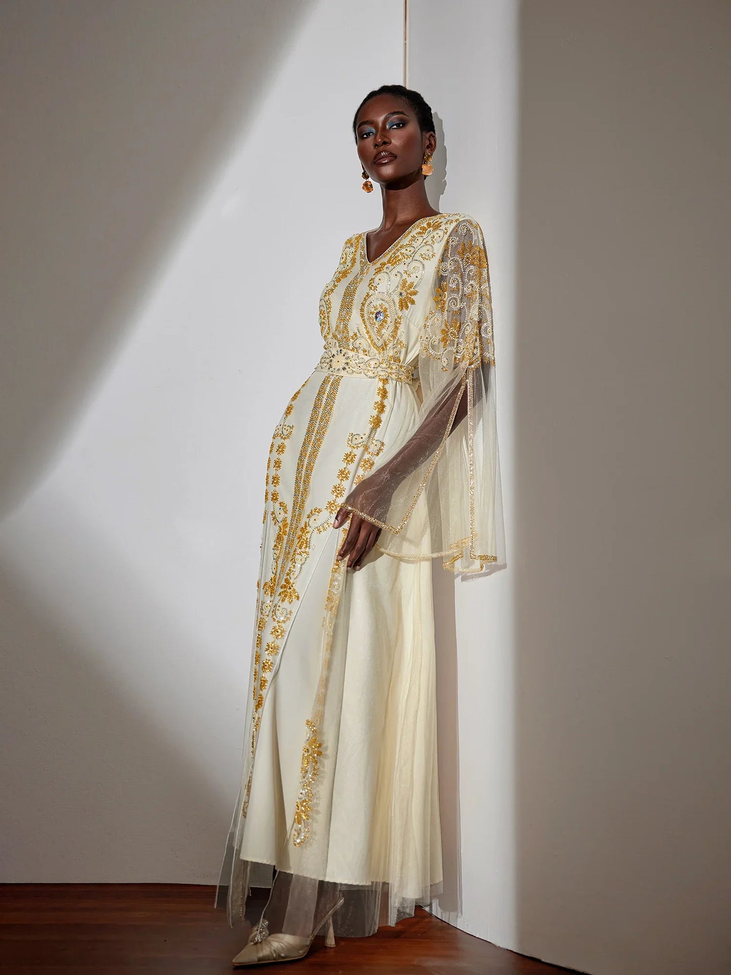 Embroidered Gold Beaded Mesh Maxi Dress
