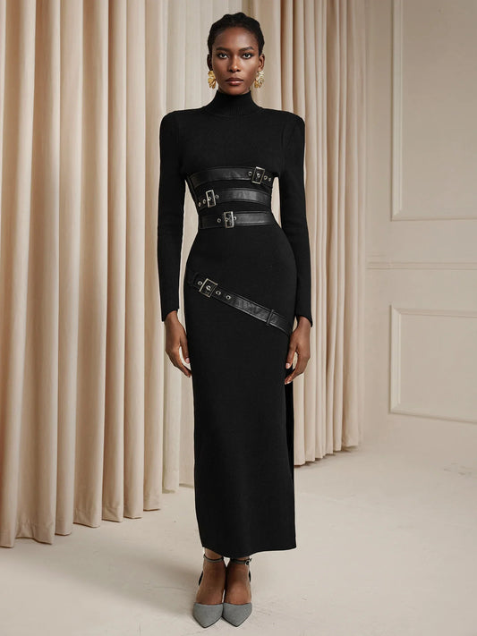 Black Turtleneck Belted Midi Dress with Long Sleeves