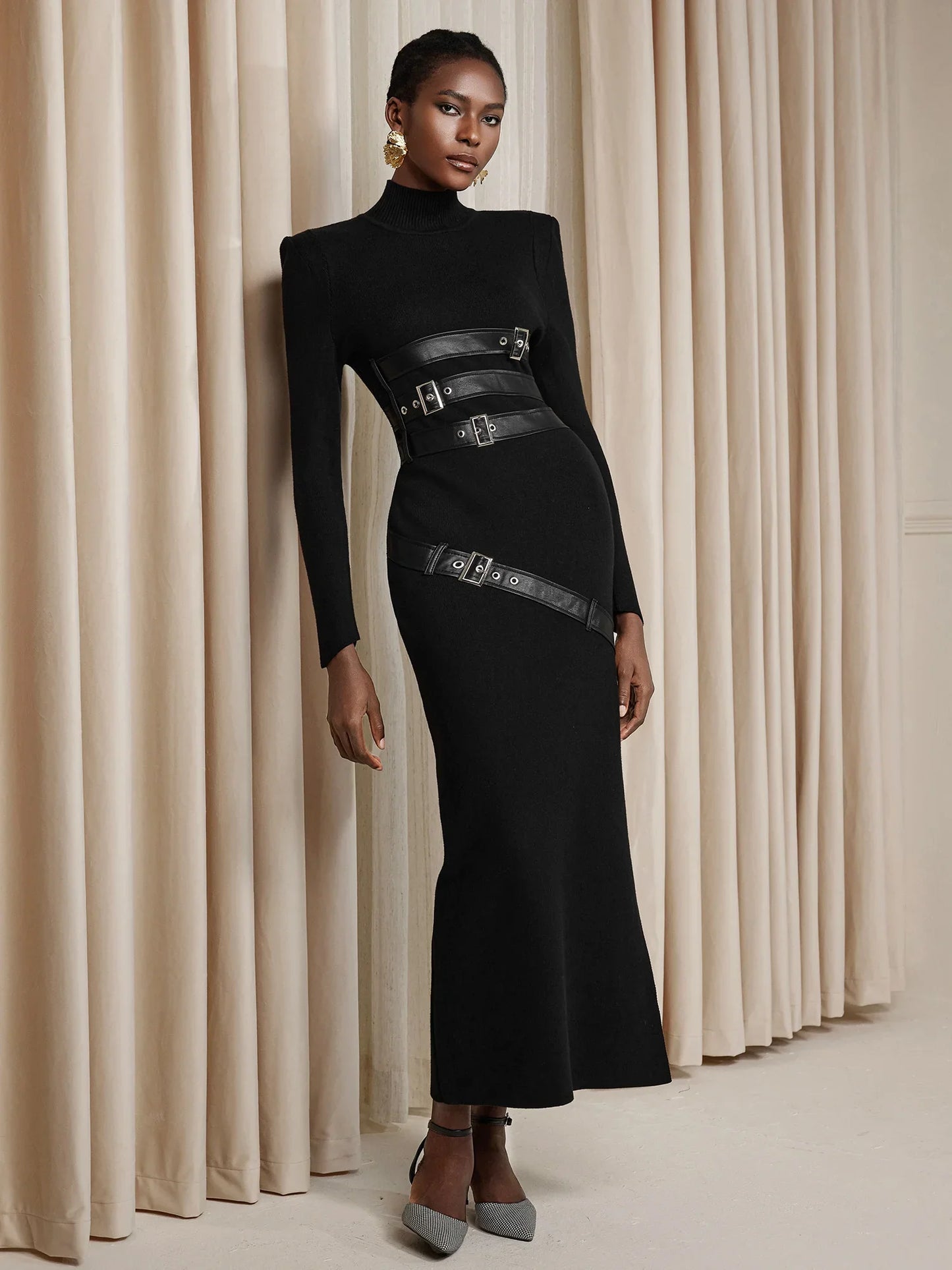 Black Turtleneck Belted Midi Dress with Long Sleeves