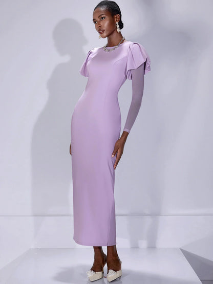 Fitted Ruffle Shoulder Sheer Sleeve Midi Dress