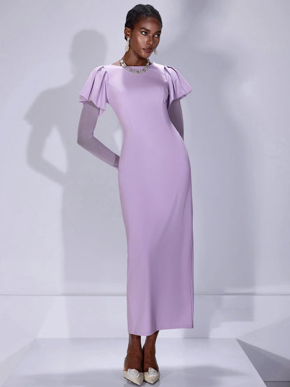Fitted Ruffle Shoulder Sheer Sleeve Midi Dress