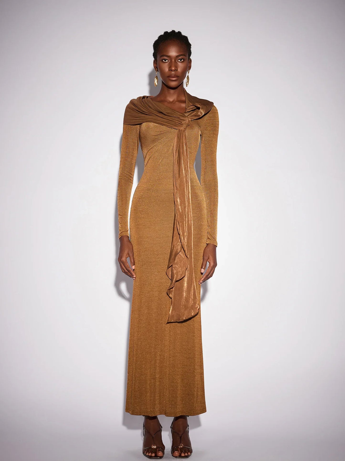Fitted Shawl Draped Pleated Maxi Dress