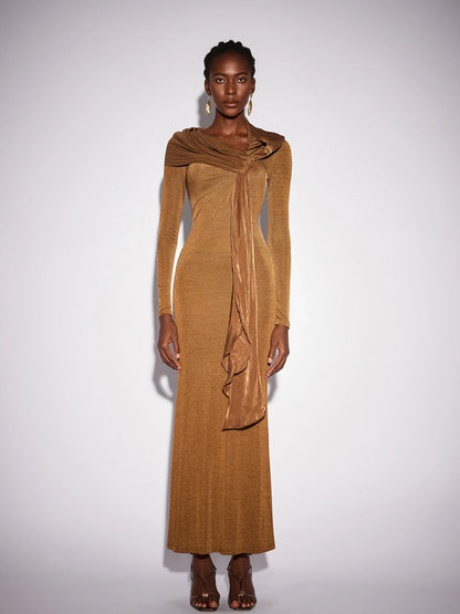 Fitted Shawl Draped Pleated Maxi Dress