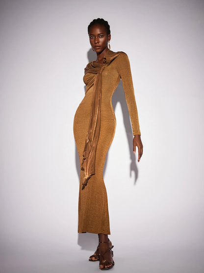 Fitted Shawl Draped Pleated Maxi Dress
