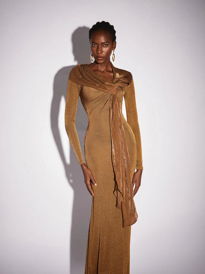 Fitted Shawl Draped Pleated Maxi Dress