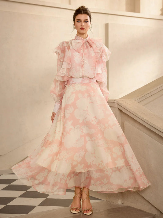 Floral Print Mesh Tie Neck Midi Dress