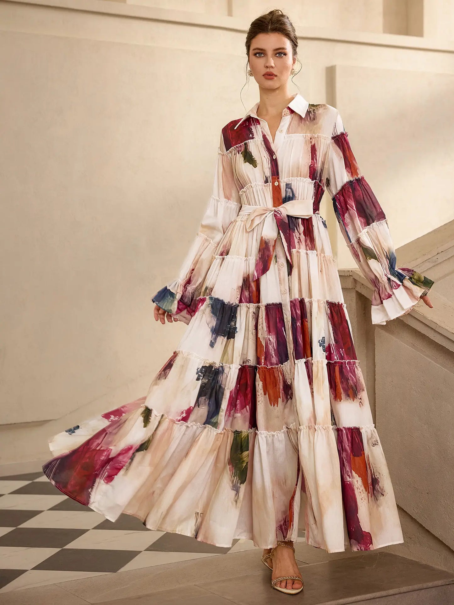 Floral Print Pleated Ruffle Sleeve Maxi Dress
