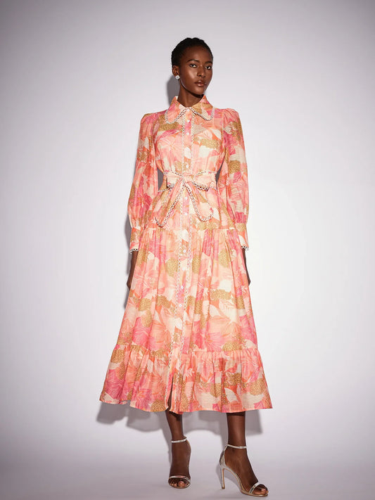 Floral Print Stand Collar Patchwork Midi Dress
