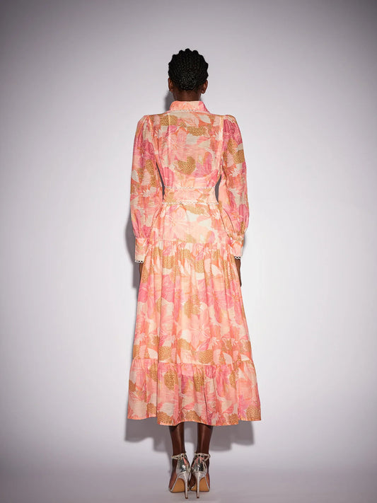 Floral Print Stand Collar Patchwork Midi Dress