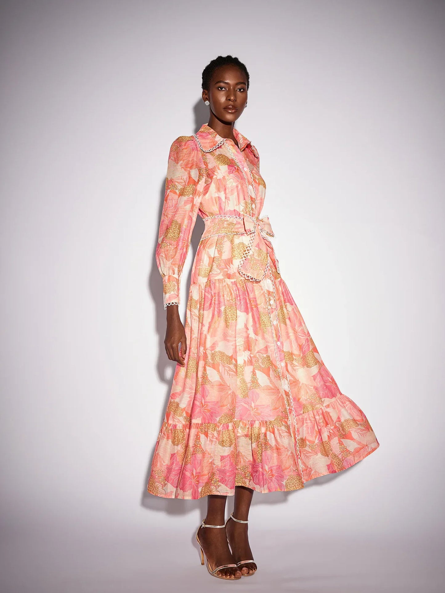 Floral Print Stand Collar Patchwork Midi Dress