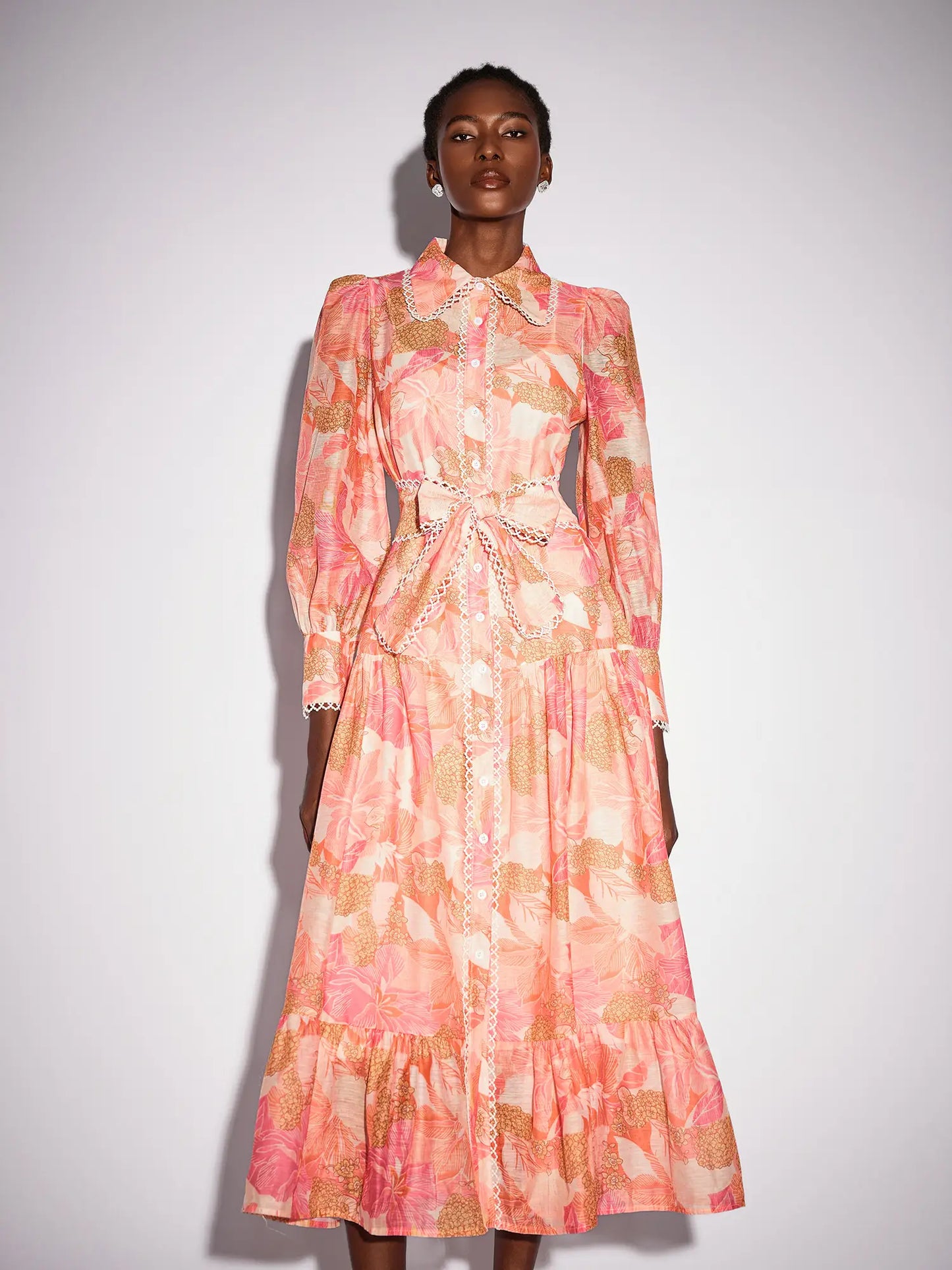 Floral Print Stand Collar Patchwork Midi Dress
