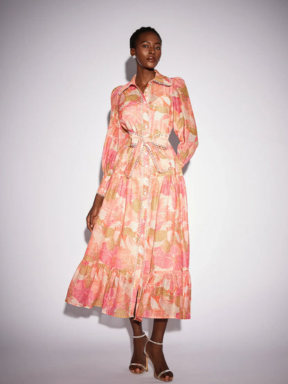 Floral Print Stand Collar Patchwork Midi Dress