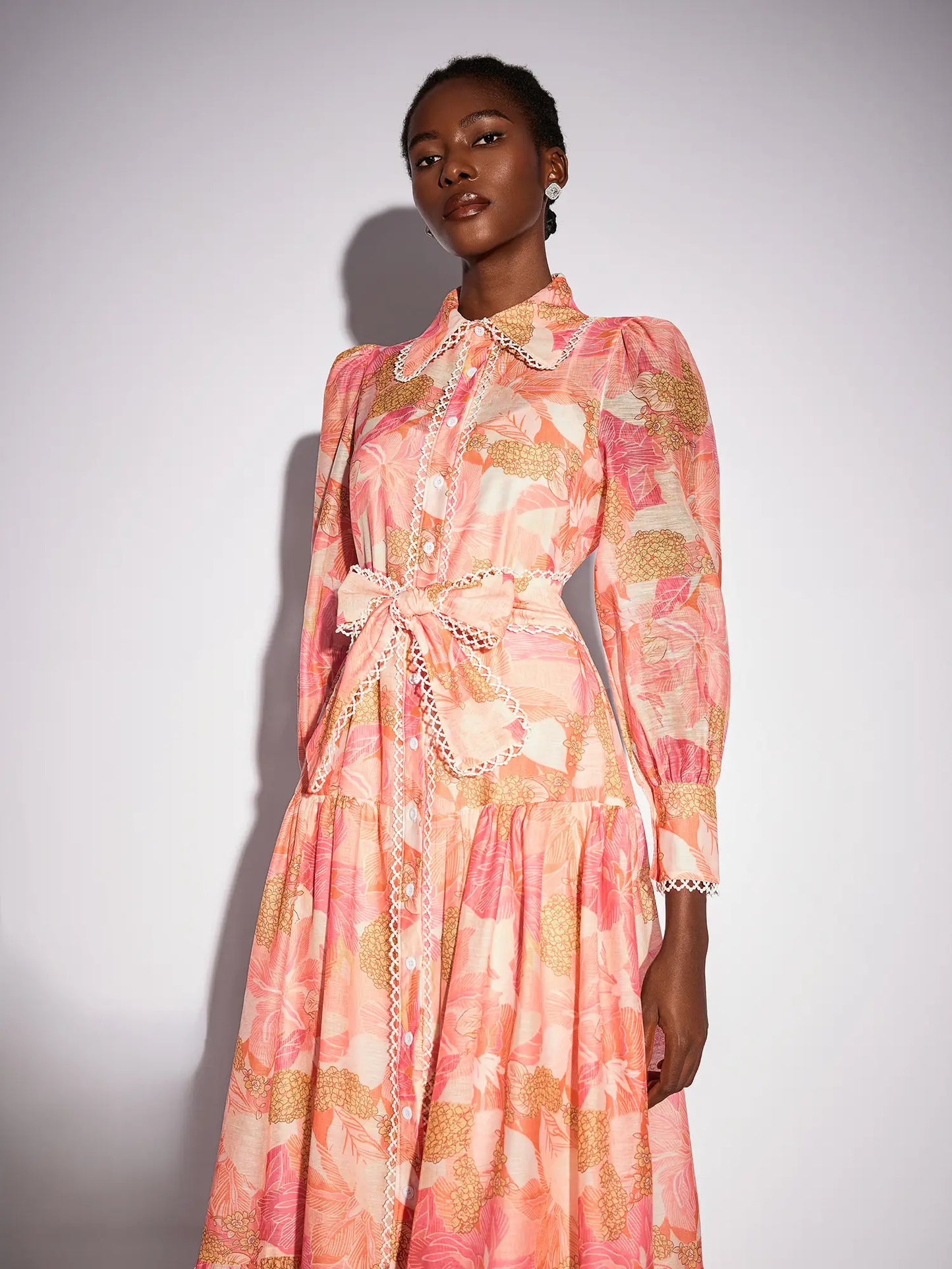 Floral Print Stand Collar Patchwork Midi Dress
