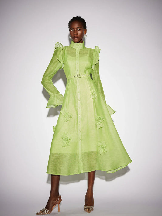 Floral Ruffle Trim Mesh Midi Dress