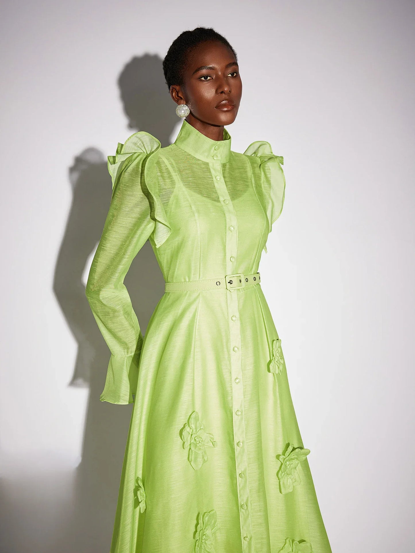 Floral Ruffle Trim Mesh Midi Dress
