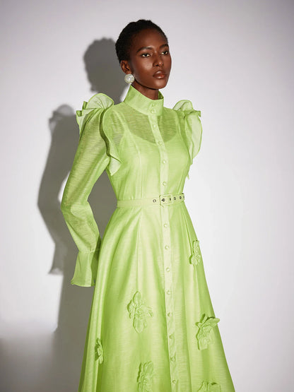 Floral Ruffle Trim Mesh Midi Dress