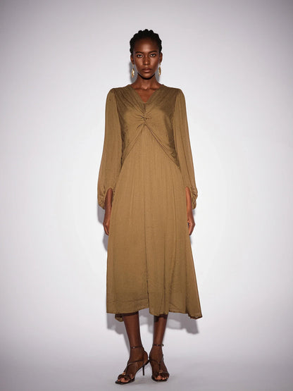 Front Tie Neck Brown Pleated Midi Dress