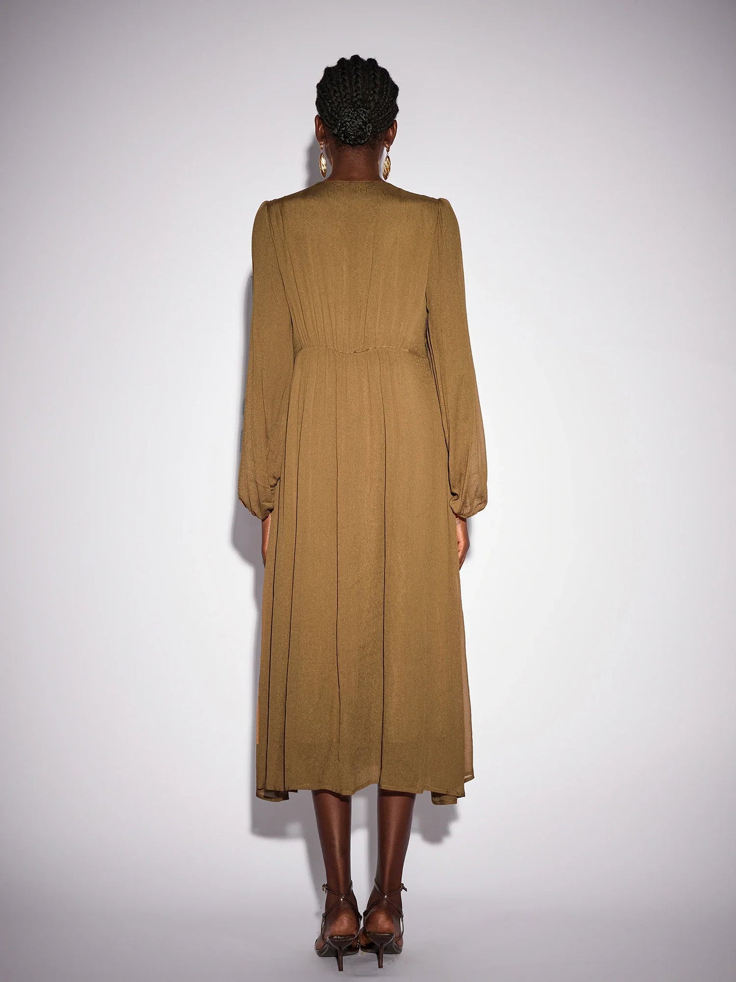 Front Tie Neck Brown Pleated Midi Dress