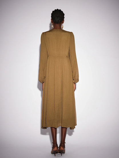 Front Tie Neck Brown Pleated Midi Dress