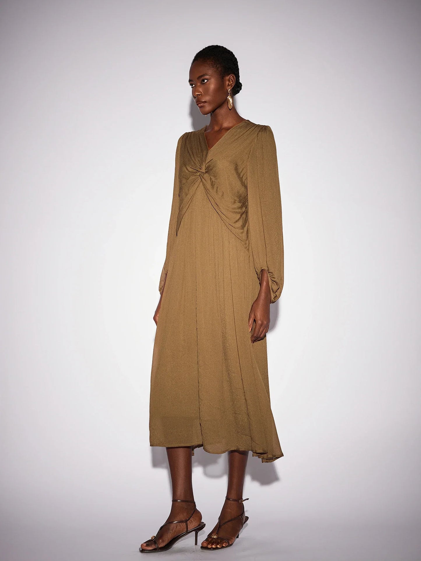 Front Tie Neck Brown Pleated Midi Dress