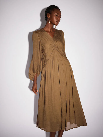 Front Tie Neck Brown Pleated Midi Dress