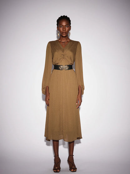 Front Tie Neck Brown Pleated Midi Dress